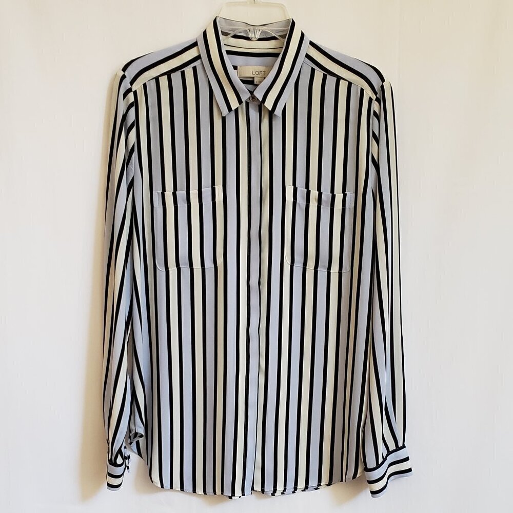 Loft - Black, Lilac and Tan Stripe Blouse.  Size Medium